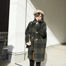 復古牛角扣格子大衣女中長款冬小個子毛呢外套